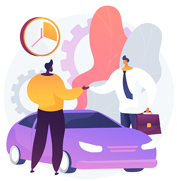 Carsharing service abstract concept vector illustration. Rental service, short term rent, carsharing application, ride application, hiring a car peer to peer, hourly payment abstract metaphor.